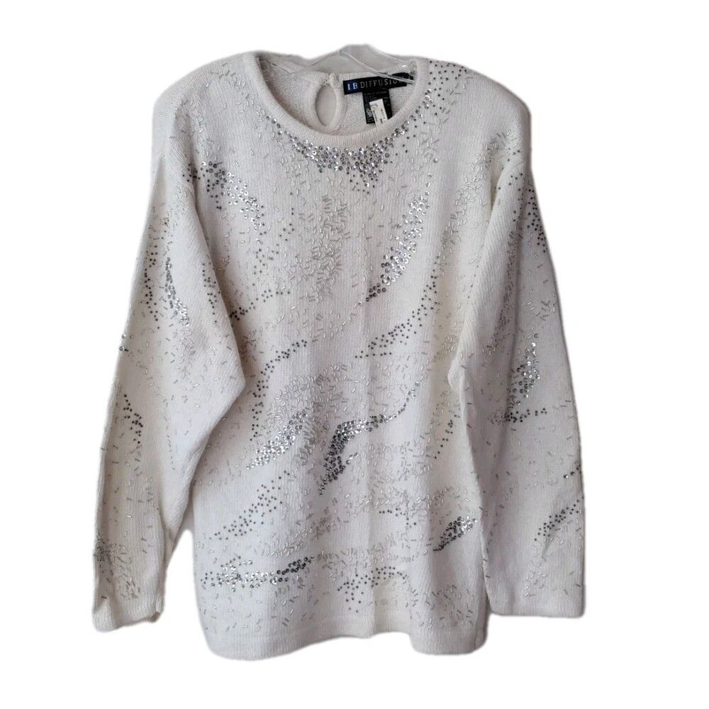 Vintage 90's I.B. Diffusion Embellished Sweater Silk Blend Ivory Women's Sz L